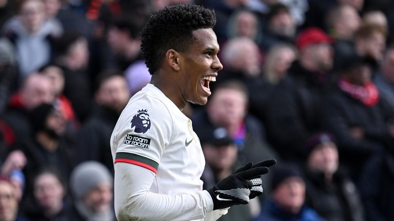 Estevao celebrates after putting Chelsea 1-0 up at Crystal Palace