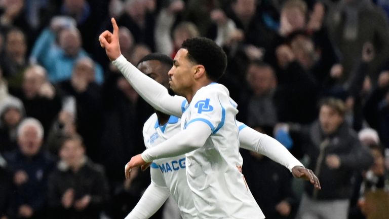 Marseille's Ethan Nwaneri celebrates after scoring on debut