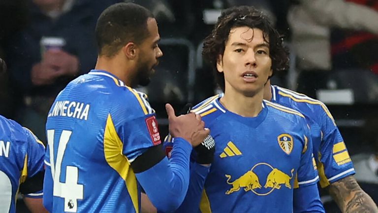Ao Tanaka is congratulated after giving Leeds a 2-1 advantage against Derby