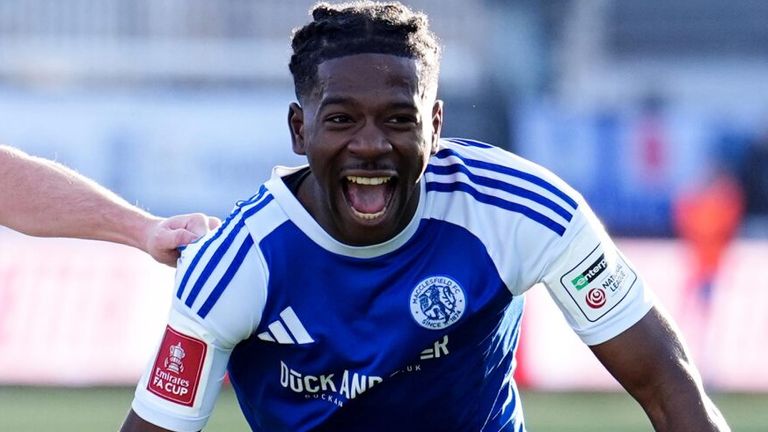 Isaac Buckley-Ricketts celebrates after doubling Macclesfield's lead against Crystal Palace
