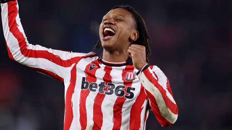 Lamine Cisse celebrates after giving Stoke a 1-0 lead against Coventry City