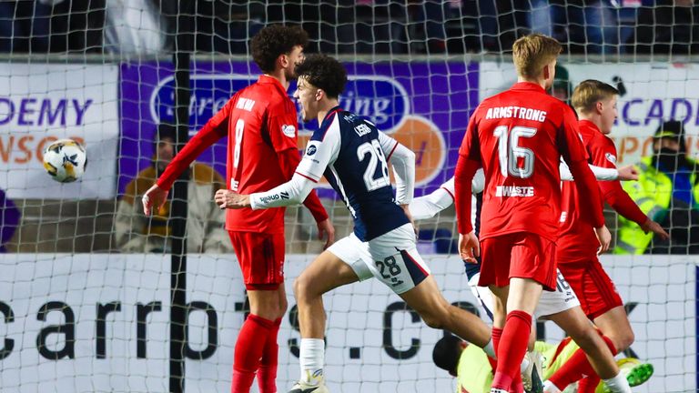 FALKIRK, SCOTLAND - JANUARY 03: Falkirk's Filip Lissah celebrates after scoring to make it 1-0 during a William Hill Premiership match between Falkirk and Aberdeen at the Falkirk Stadium, on January 03, 2026, in Falkirk, Scotland. (Photo by Ewan Bootman / SNS Group)