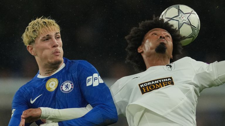 Pafos' Bruno Felipe and Chelsea's Alejandro Garnacho fight for the ball 