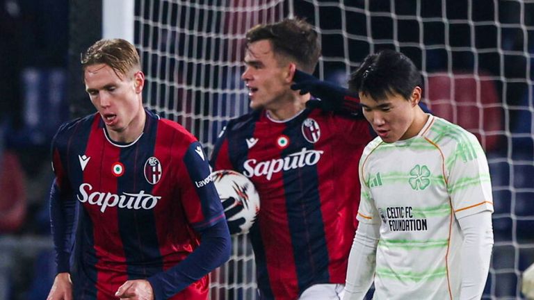 Bologna's Thijs Dallinga celebrates after scoring against Celtic