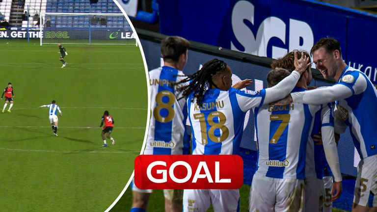 Ryan Ledsen scores from the half way for Huddersfield vs Luton