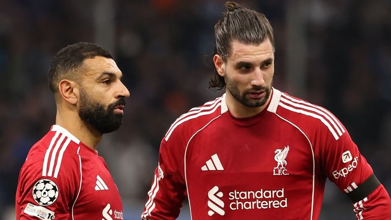 Mohamed Salah and Dominik Szoboszlai stand over a free-kick