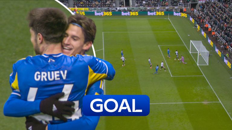 Leeds' Brenden Aaronson scores his second against Newcastle 