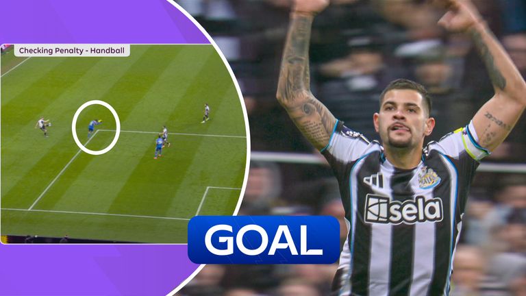 Bruno Guimarães scores a penalty for Newcastle after Brenden Aaronson's handball in the box