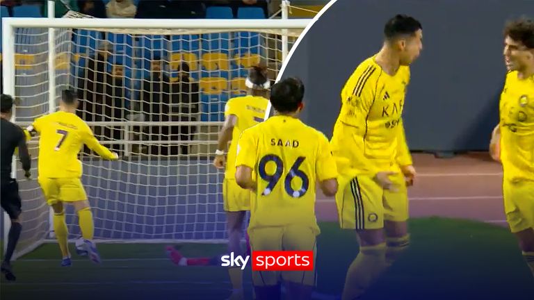 Cristiano Ronaldo scores for Al Nassr in their Saudi Pro League match at Al Kholood.