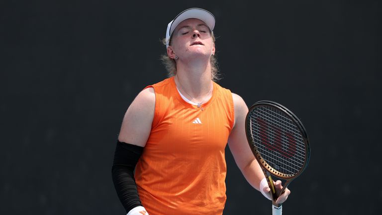 Fran Jones of Great Britain reacts in the Women's Singles First Round against Linda Klimovicova of Poland during day two of the 2026 Au
