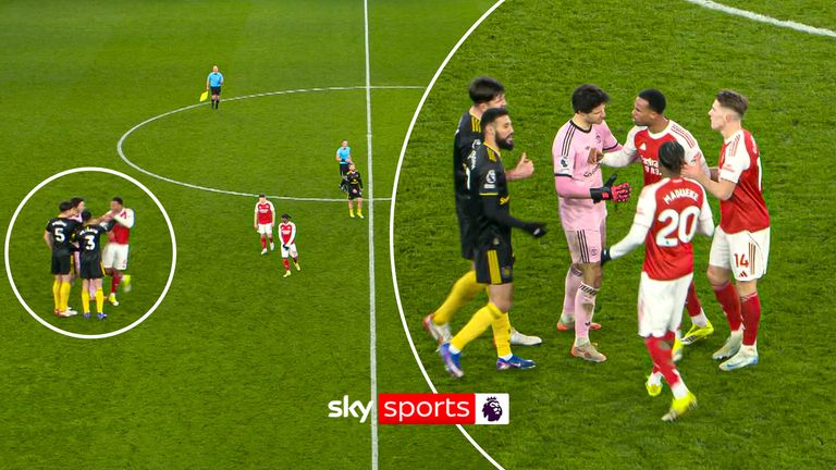 Gabriel Magalhaes and Harry Maguire at full time of Man Utd's 3-2 win over Arsenal