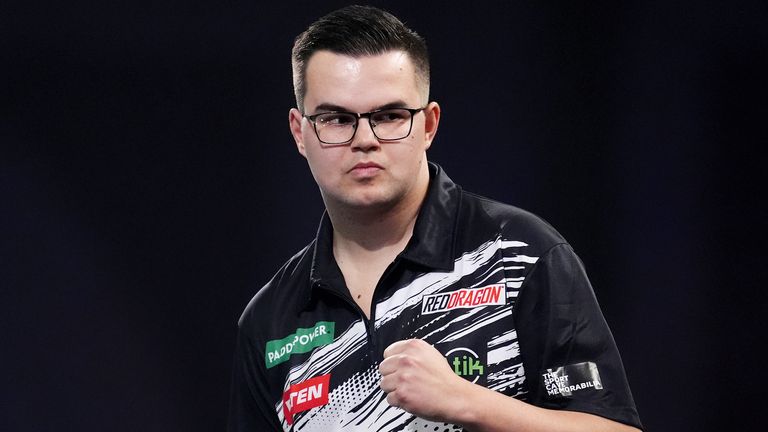 Gian van Veen celebrates during his World Darts Championship semi-final against Gary Anderson 