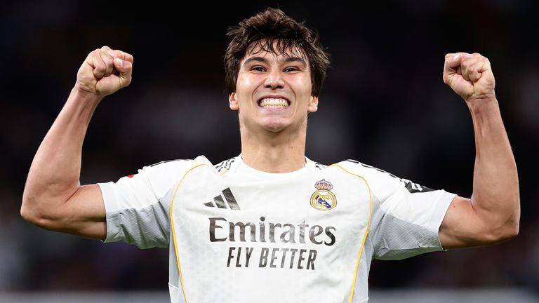 Real Madrid's Gonzalo Garcia celebrates after scoring his third