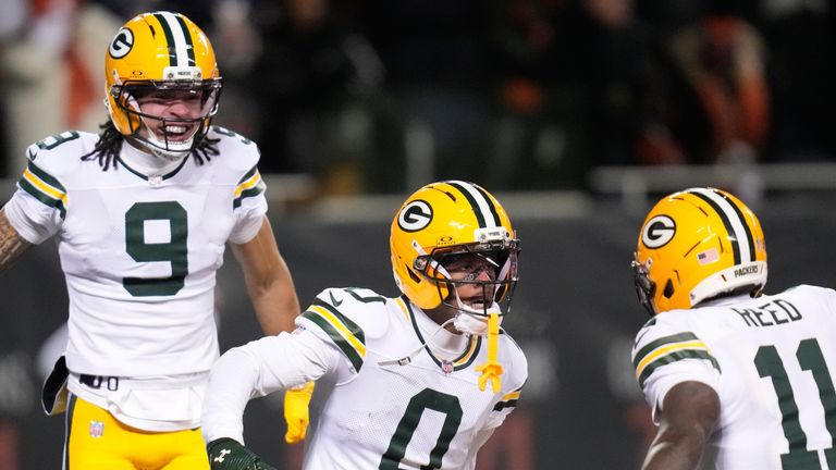 Green Bay Packers' Matthew Golden celebrates his touchdown during the second half of the NFL Wildcard game vs Chicago Bears (AP)