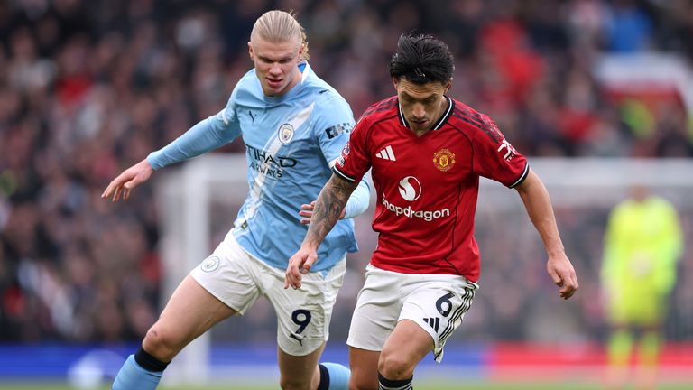 Erling Haaland and Lisandro Martinez during the Manchester derby