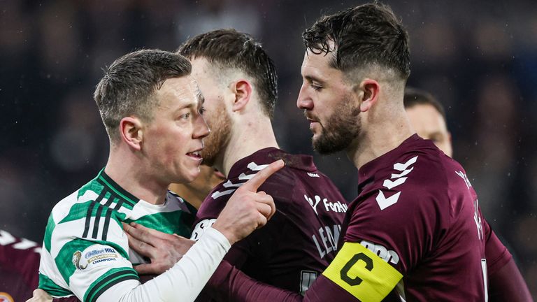 EDINBURGH, SCOTLAND - JANUARY 25: Celtic's Callum McGregor clashes with Hearts' Blair Spittal (not in frame) during a William Hill Premiership match between Heart of Midlothian and Celtic at Tynecastle Park, on January 25, 2026, in Edinburgh, Scotland. (Photo by Craig Williamson / SNS Group)