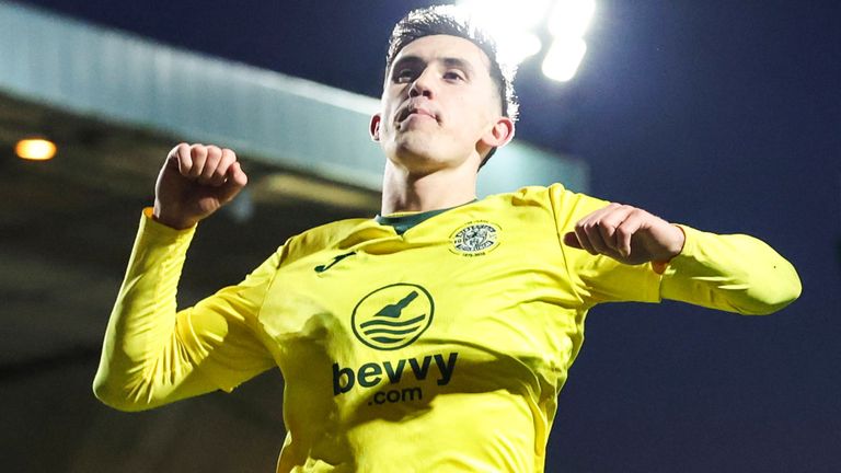 Hibernian's Jamie McGrath celebrates after scoring a penalty to make it 3-1