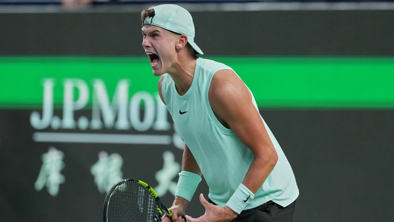 Holger Rune, of Denmark reacts after defeating Giovanni Mpetshi Perricard, of France in the men's singles match of the Shanghai Masters tenn