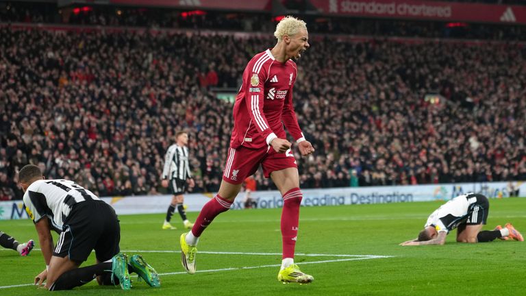 Liverpool's Hugo Ekitike celebrates after scoring his side's firsst goal (AP Photo/Jon Super)
