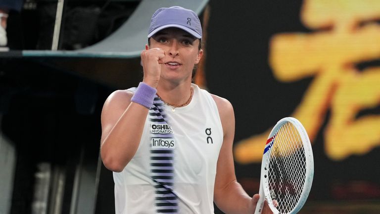 Poland's Iga Swiatek celebrates after defeating Australia's Madison Inglis in the fourth round of the Australian Open tennis tournament