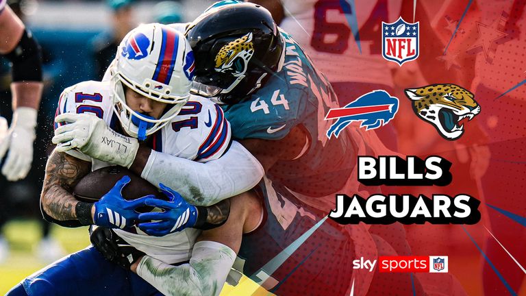 Buffalo Bills wide receiver Khalil Shakir (10) is tackled after making a catch by Jacksonville Jaguars safety Andrew Wingard (42) and defensive end Travon Walker (44) during the second half of an NFL wild-card playoff football game Sunday, Jan. 11, 2026, in Jacksonville, Fla.