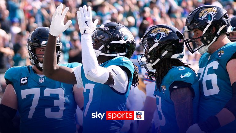 Jacksonville Jaguars wide receiver Brian Thomas Jr. (7) celebrates after scoring a touchdown against the Buffalo Bills during the first half of an NFL wild-card playoff football game Sunday, Jan. 11, 2026, in Jacksonville, Fla.