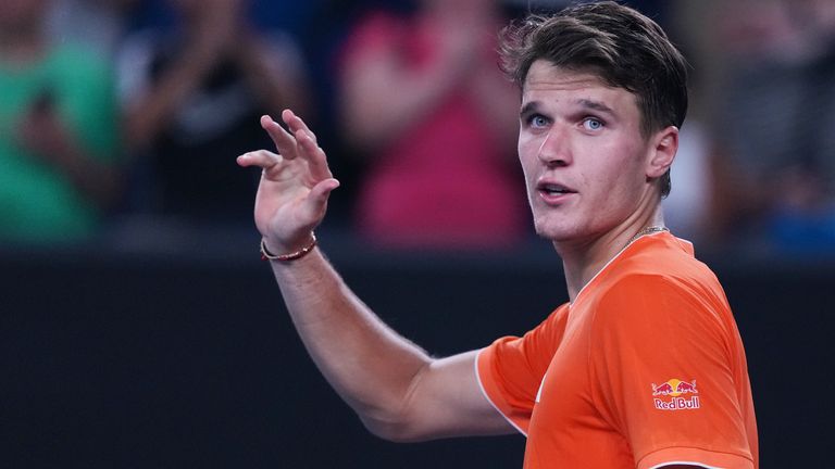 Jakub Mensik of the Czech Republic celebrates after defeating Ethan Quinn of the U.S. in their third round match at the Australian Open tenn