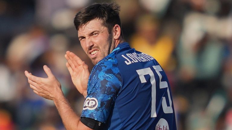 England's Jamie Overton celebrates the wicket of Sri Lanka's Janith Liyanage (Associated Press)  