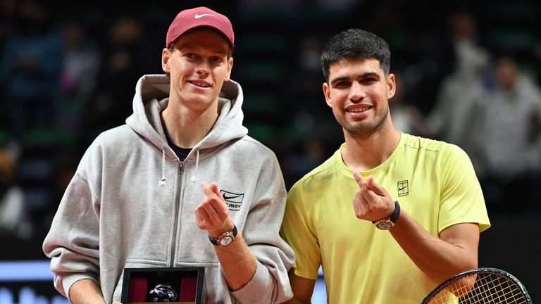 Jannik Sinner (left) and Carlos Alcaraz (right) pose after Alcaraz's win in an exhibition in South Korea (Getty Images)