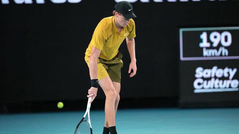 Jannik Sinner of Italy reacts during his third round match against Eliot Spizzirri of the U.S. at the Australian Open tennis championship in