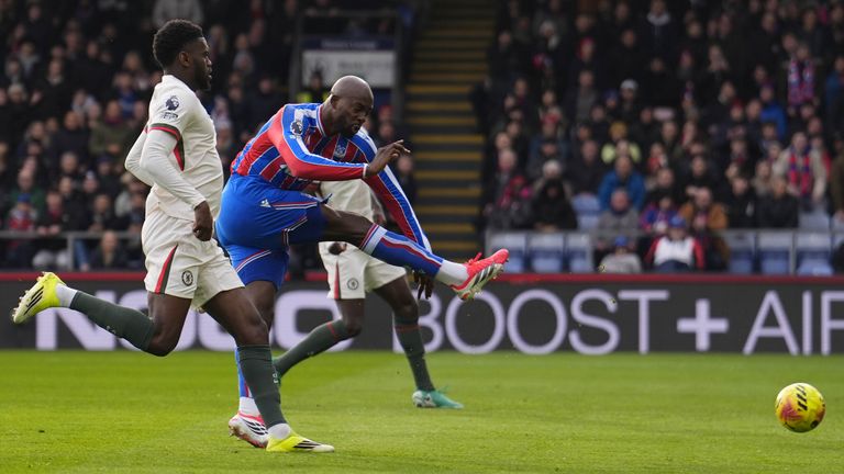 Jean-Philippe Mateta fires a shot on target against Chelsea