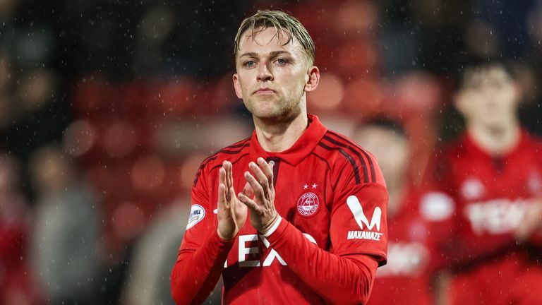 ABERDEEN, SCOTLAND - JANUARY 18: Aberdeen's Jesper Karlsson at full time during a Scottish Gas Scottish Cup Fourth Round match between Aberdeen and Raith Rovers at Pittodrie Stadium, on January 18, 2026, in Aberdeen, Scotland. (Photo by Ross Parker / SNS Group)