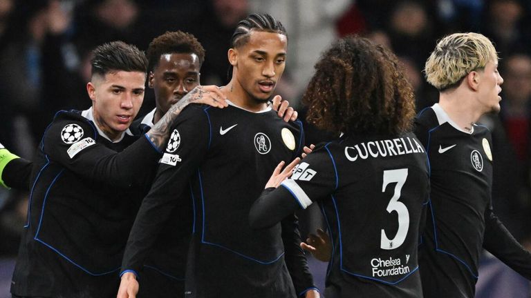 Joao Pedro is congratulated after scoring his second goal of the game to give Chelsea a 3-2 lead against Napoli