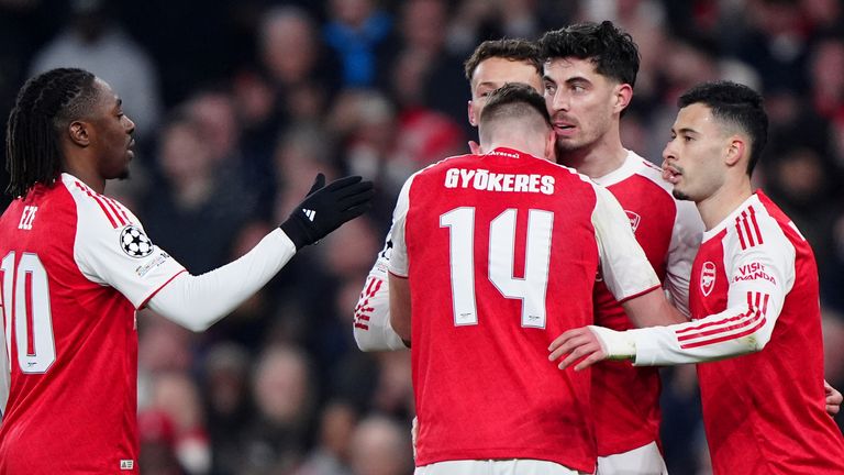 Arsenal's Kai Havertz (second right) celebrates with team-mates after scoring their second goal 