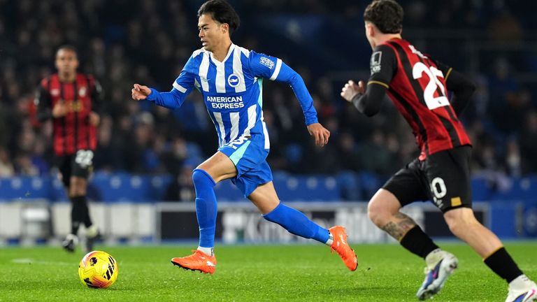 Brighton's Kaoru Mitoma tries to sip away from Bournemouth's Alex Jimenez