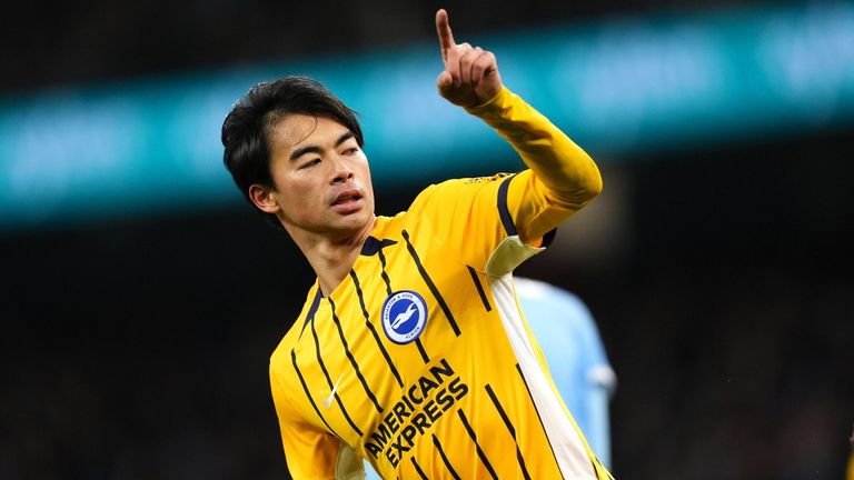 Kaoru Mitoma celebrates after scoring Brighton's equaliser at Manchester City