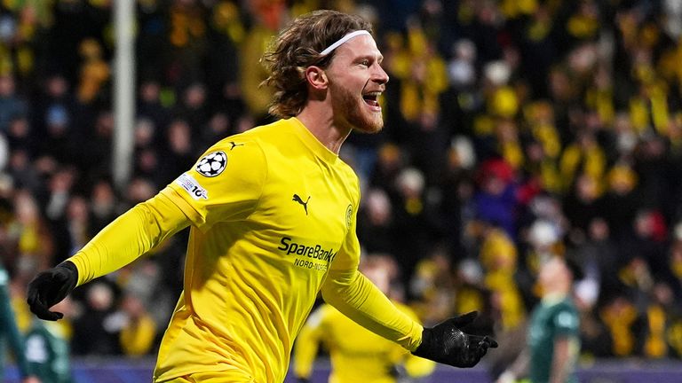 Bodo/Glimt striker Kasper Hogh celebrates scoring his first goal against Man City in the Champions League group game 