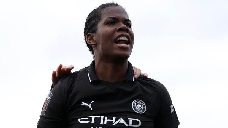 Khadija Shaw celebrates after scoring late on to give Man City a 2-1 lead against London City Lionesses