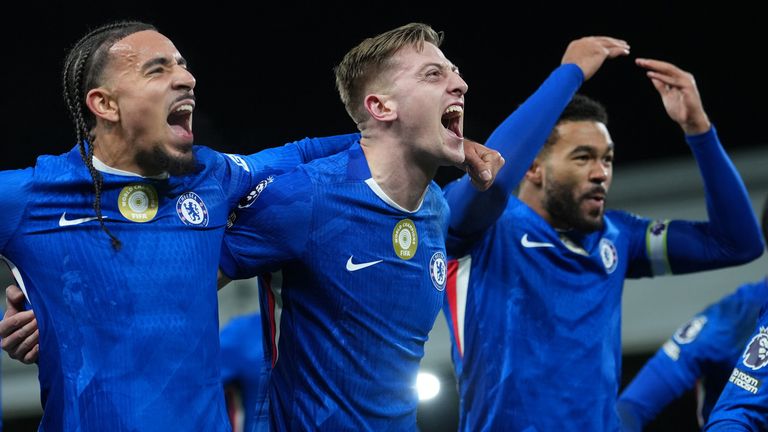 Liam Delap celebrates after scoring Chelsea's equaliser at Craven Cottage