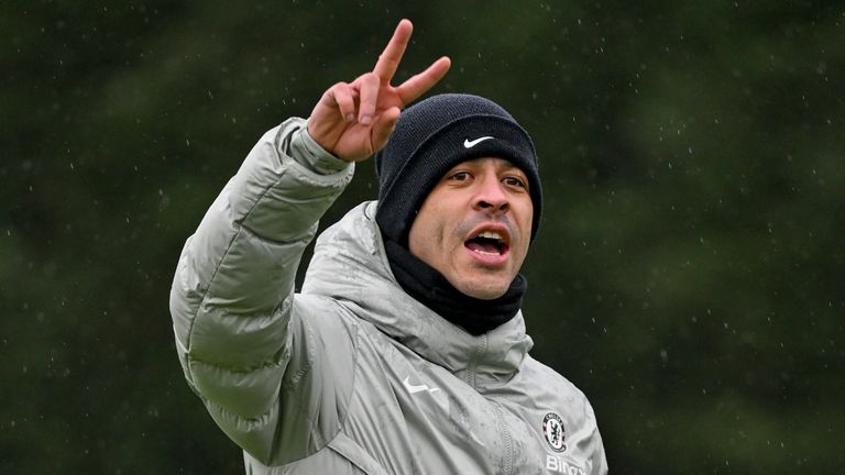 Head Coach Liam Rosenior of Chelsea during a training session at Chelsea Training Ground on January 8, 2026 in Cobham, England