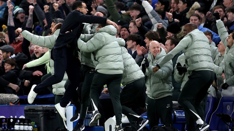 Liam Rosenior and Chelsea's staff celebrate Enzo Fernandez's late winner against West Ham