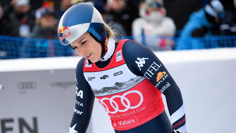 Lindsey Vonn crosses the line at Crans Montana after crashing