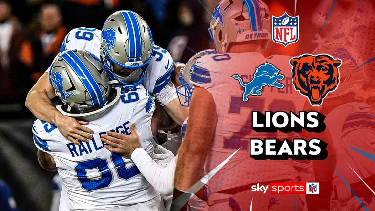 Detroit Lions place kicker Jake Bates (39) celebrates with teammate Tate Ratledge (69) after kicking a field goal on the final play of an NFL football game against the Chicago Bears, Sunday, Jan. 4, 2026, in Chicago.