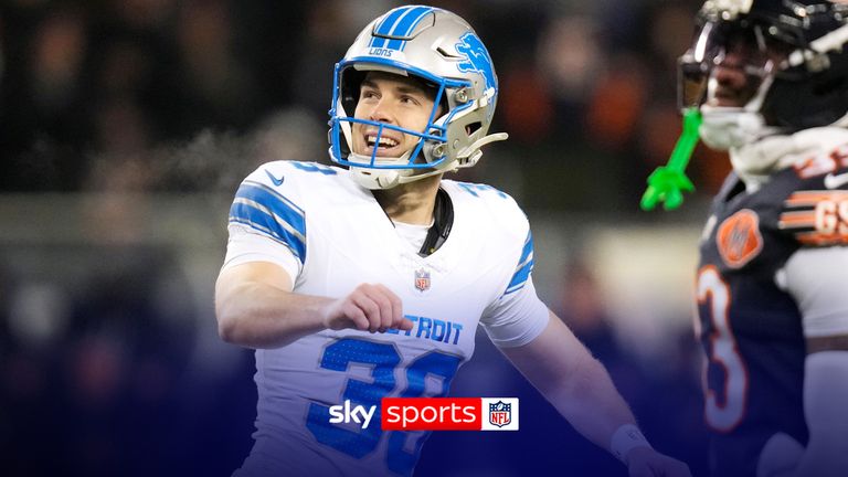 Detroit Lions place kicker Jake Bates (39) celebrates after kicking a field goal on the final play of an NFL football game against the Chicago Bears, Sunday, Jan. 4, 2026, in Chicago. (