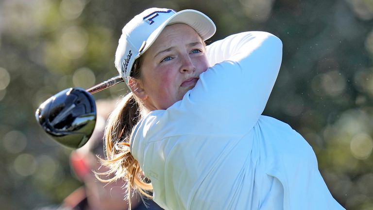 Lottie Woad, of England tees off on the fifth hole during the first round of The Annika LPGA golf tournament Thursday, Nov. 13, 2025, in Belleair, Fla. (AP Photo/Chris O'Meara)