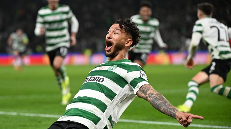 Luis Suárez of Sporting celebrates his UEFA Champions League goal against Paris Saint-Germain in Lisbon in January 2026