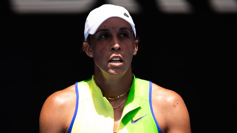 Madison Keys of the United States plays against Ukraine's Oleksandra Olnikova in the first round on the third day of the 2026 Australian Open
