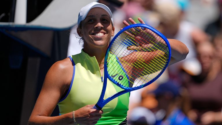Madison Keys of the U.S. waves after defeating compatriot Ashlyn Krueger in their second round match at the Australian Open tennis champions