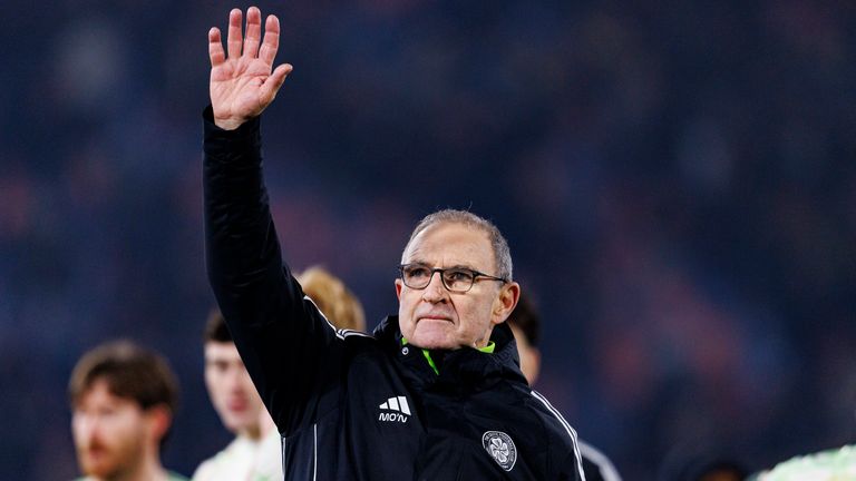 Martin O'Neill gestures to the Celtic supporters after their gutsy draw with Bologna in the Europa League after Reo Hatate was sent off