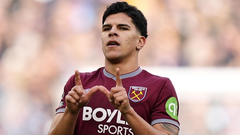 Mateus Fernandes celebrates after firing West Ham into a 3-0 lead against Sunderland